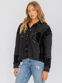 WOMEN'S LONG SLEEVE BUTTON UP POCKETS SEQUINS CONTRAST HOODED SWEATER