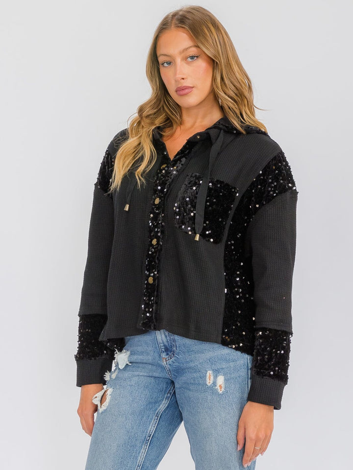 WOMEN'S LONG SLEEVE BUTTON UP POCKETS SEQUINS CONTRAST HOODED SWEATER