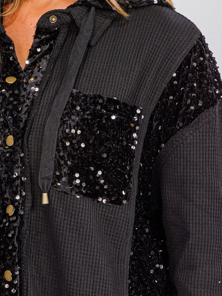 WOMEN'S LONG SLEEVE BUTTON UP POCKETS SEQUINS CONTRAST HOODED SWEATER