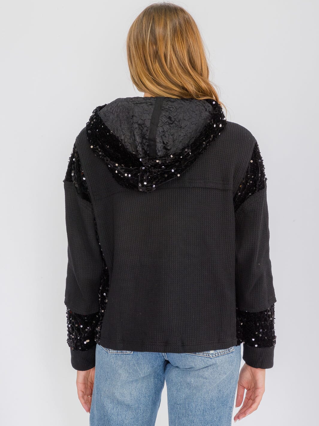 WOMEN'S LONG SLEEVE BUTTON UP POCKETS SEQUINS CONTRAST HOODED SWEATER