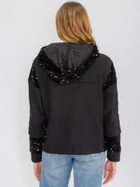 WOMEN'S LONG SLEEVE BUTTON UP POCKETS SEQUINS CONTRAST HOODED SWEATER