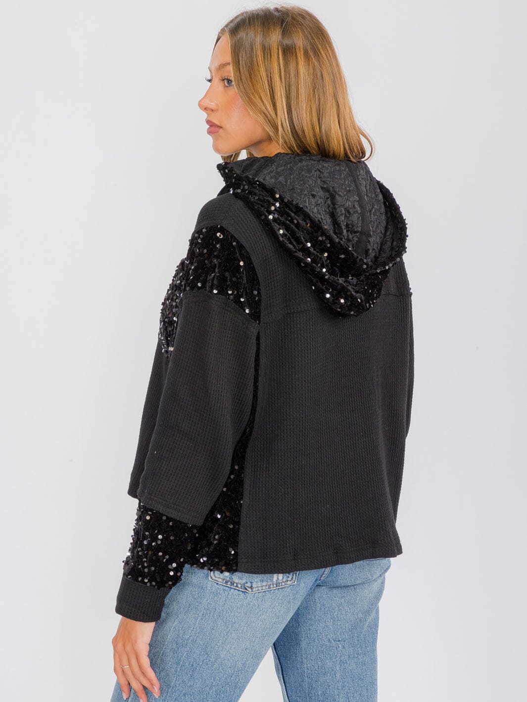 WOMEN'S LONG SLEEVE BUTTON UP POCKETS SEQUINS CONTRAST HOODED SWEATER
