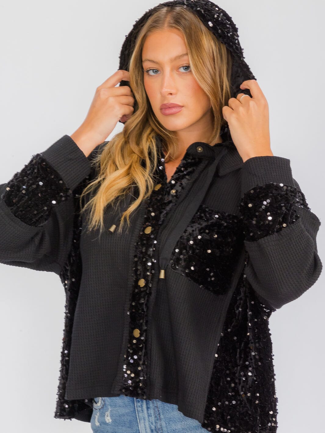 WOMEN'S LONG SLEEVE BUTTON UP POCKETS SEQUINS CONTRAST HOODED SWEATER