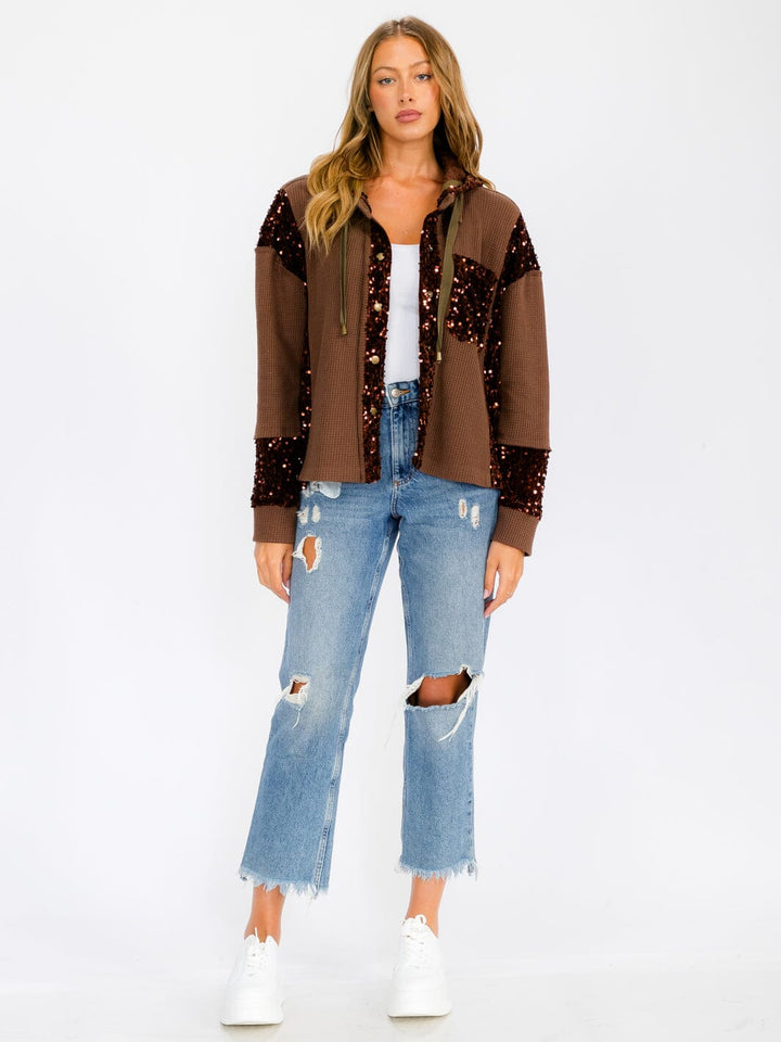 WOMEN'S LONG SLEEVE BUTTON UP POCKETS SEQUINS CONTRAST HOODED SWEATER