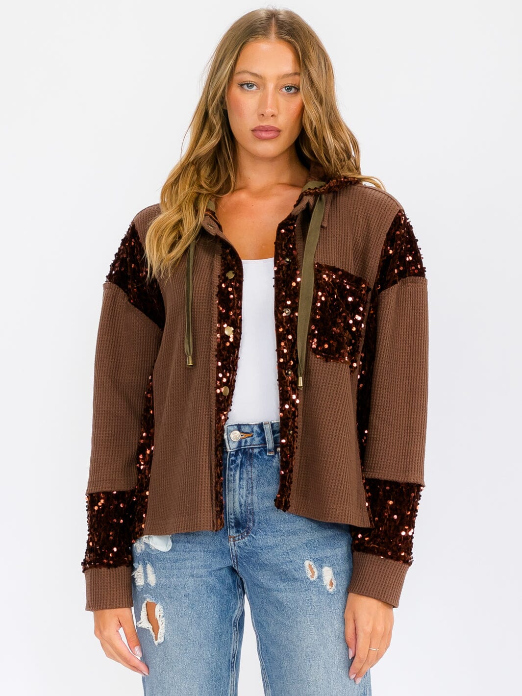 WOMEN'S LONG SLEEVE BUTTON UP POCKETS SEQUINS CONTRAST HOODED SWEATER