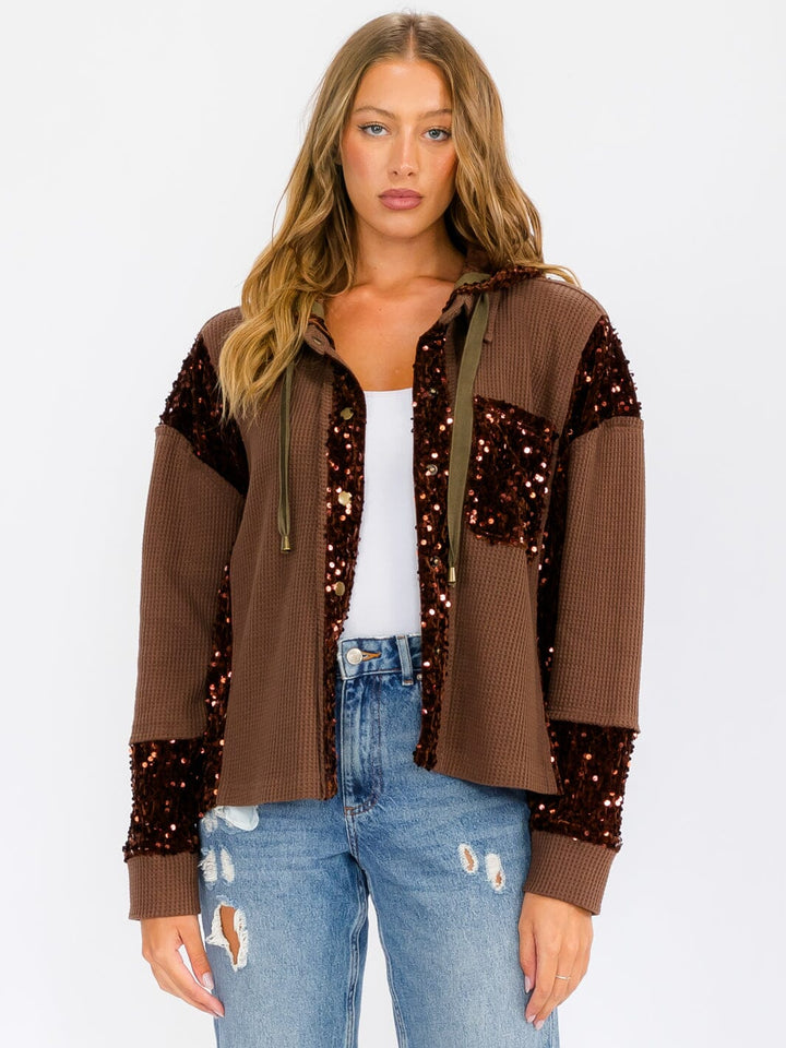 WOMEN'S LONG SLEEVE BUTTON UP POCKETS SEQUINS CONTRAST HOODED SWEATER