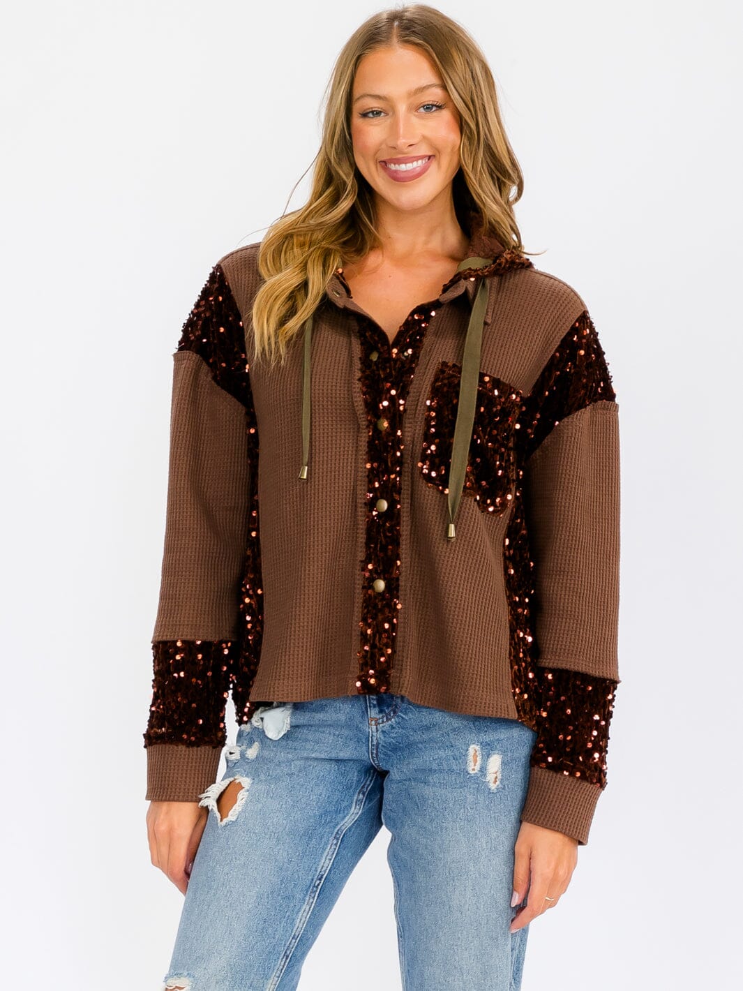 WOMEN'S LONG SLEEVE BUTTON UP POCKETS SEQUINS CONTRAST HOODED SWEATER