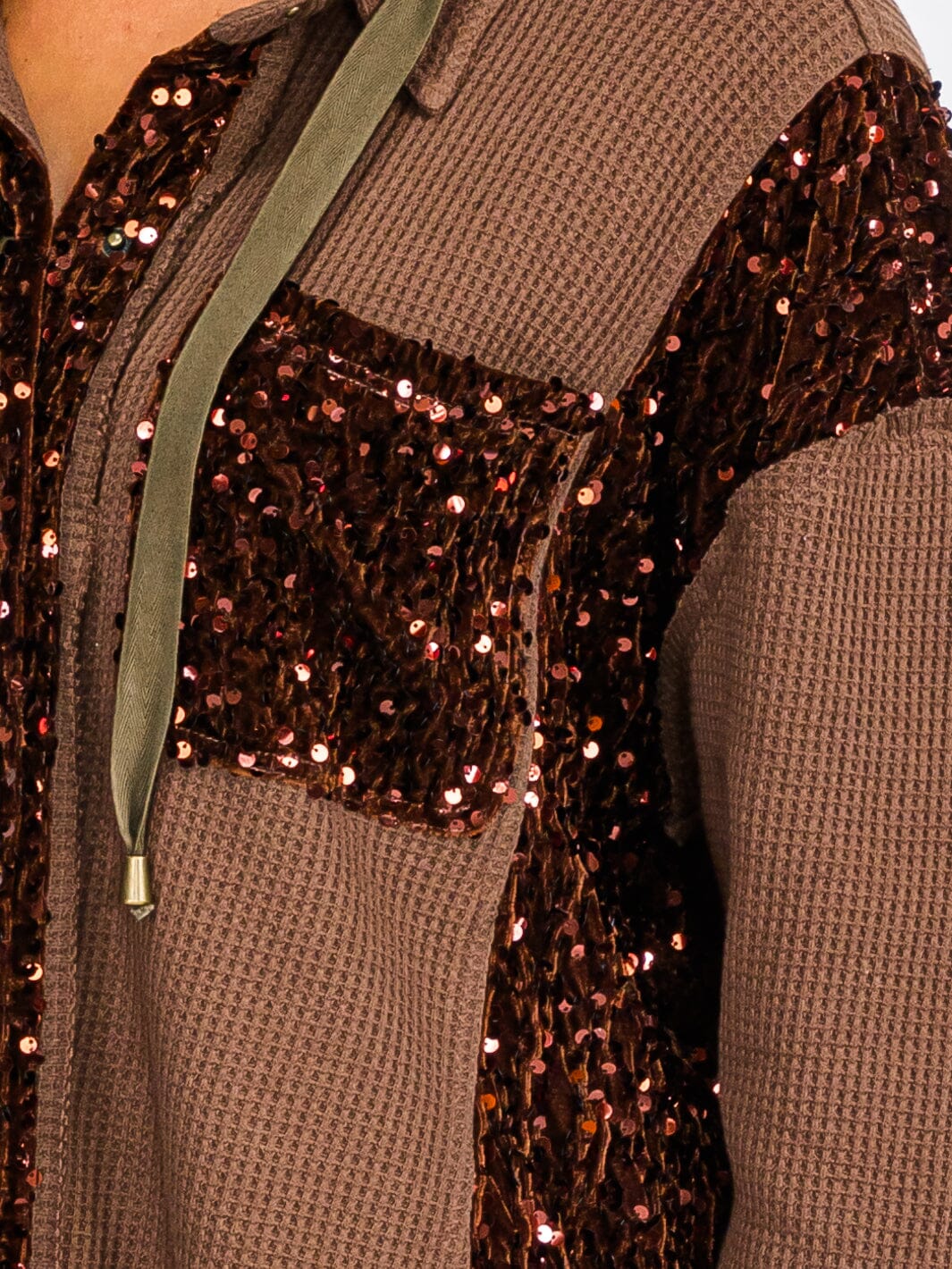 WOMEN'S LONG SLEEVE BUTTON UP POCKETS SEQUINS CONTRAST HOODED SWEATER