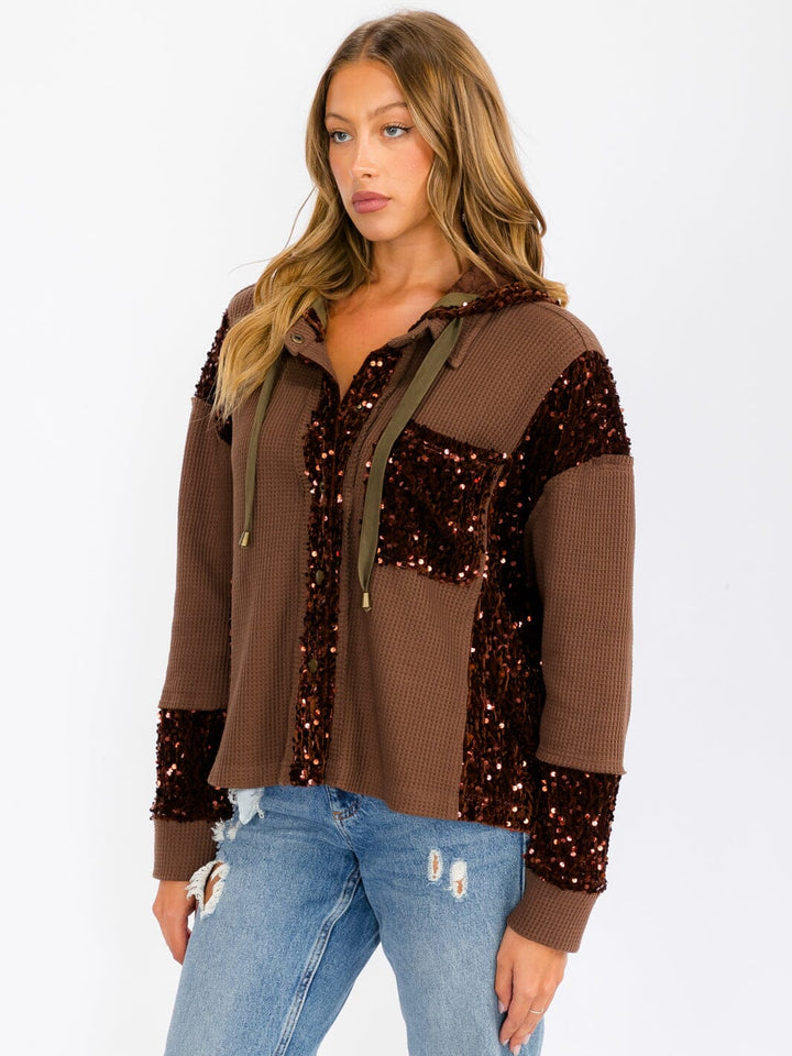 WOMEN'S LONG SLEEVE BUTTON UP POCKETS SEQUINS CONTRAST HOODED SWEATER