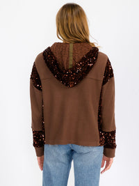 WOMEN'S LONG SLEEVE BUTTON UP POCKETS SEQUINS CONTRAST HOODED SWEATER