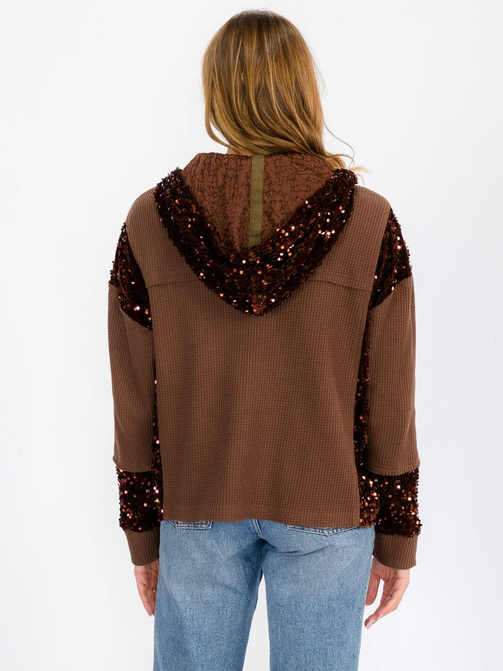 WOMEN'S LONG SLEEVE BUTTON UP POCKETS SEQUINS CONTRAST HOODED SWEATER