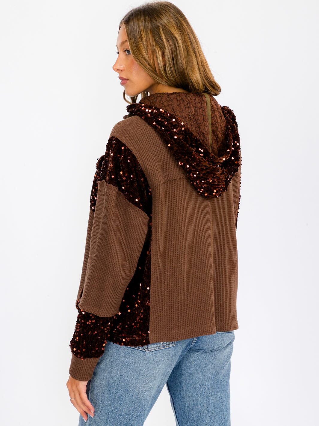 WOMEN'S LONG SLEEVE BUTTON UP POCKETS SEQUINS CONTRAST HOODED SWEATER