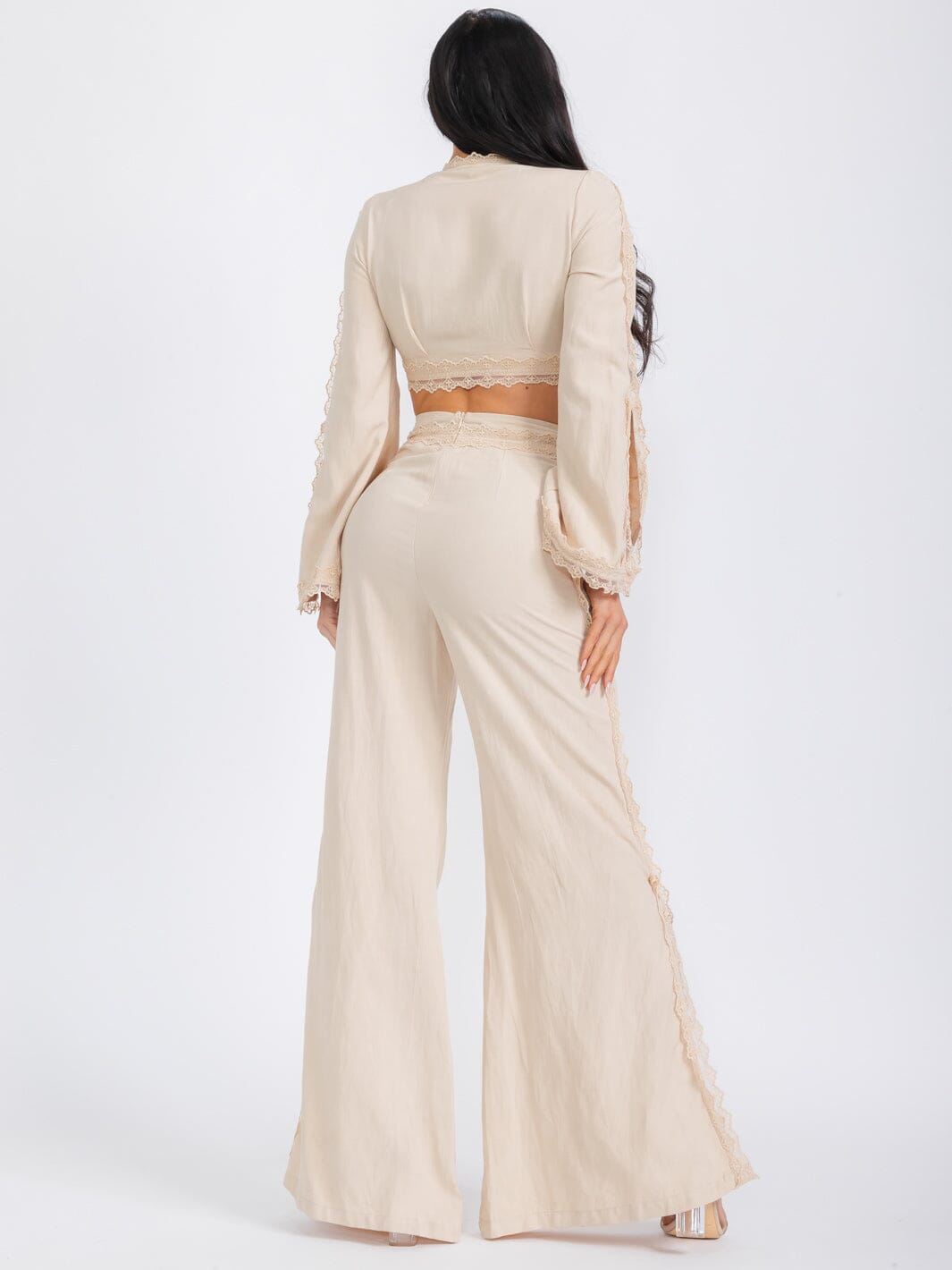 WOMEN'S LONG SLEEVE CROP TOP & WIDE LEG PANTS LACE CROCHET 2PC. SET