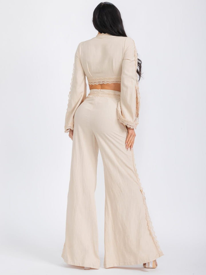 WOMEN'S LONG SLEEVE CROP TOP & WIDE LEG PANTS LACE CROCHET 2PC. SET