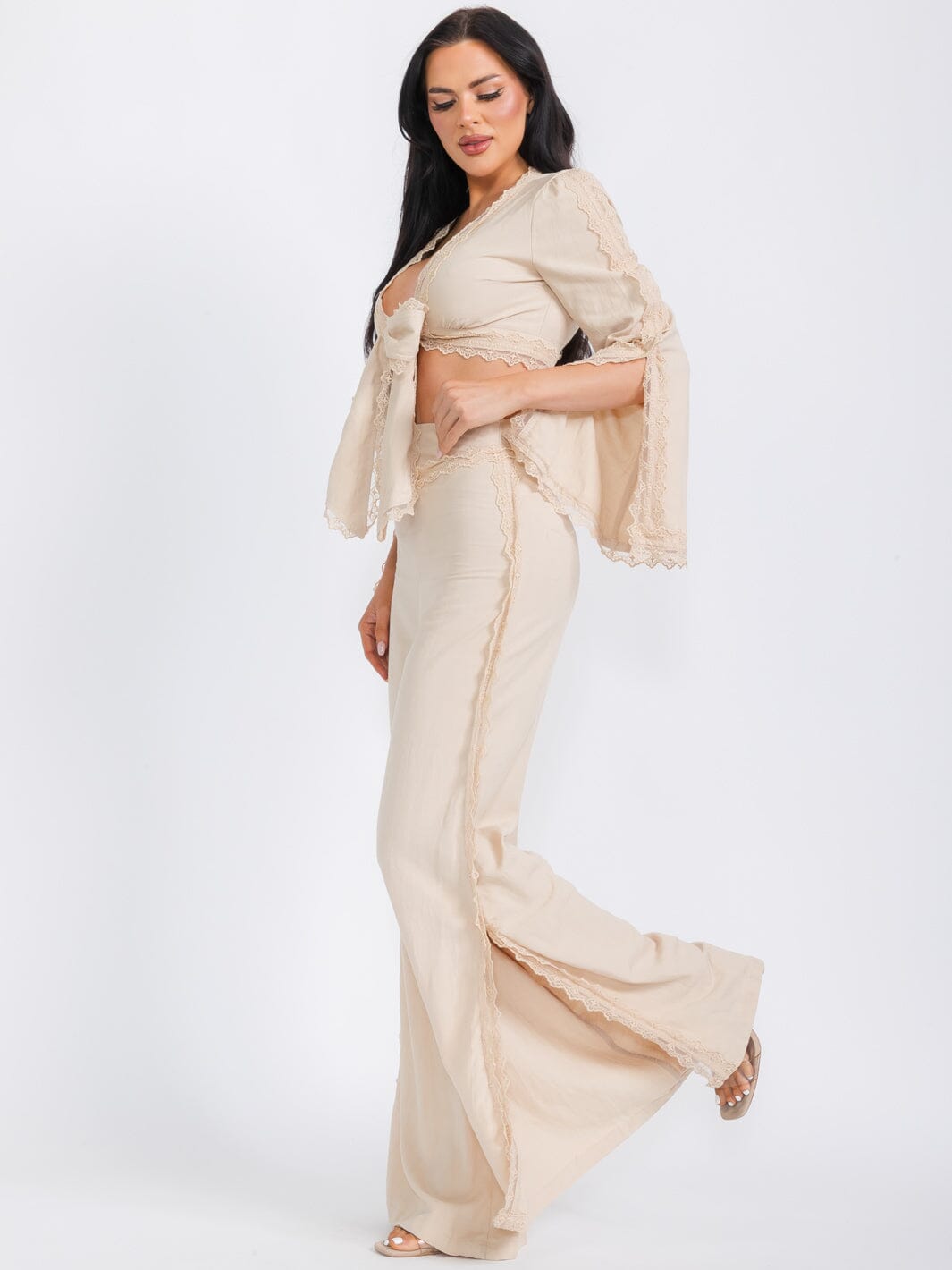 WOMEN'S LONG SLEEVE CROP TOP & WIDE LEG PANTS LACE CROCHET 2PC. SET