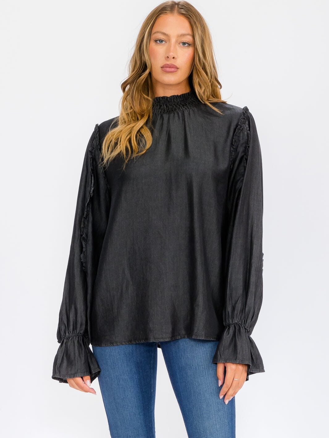 WOMEN'S LONG SLEEVE MOCK NECK CHAMBRAY BLOUSE TOP