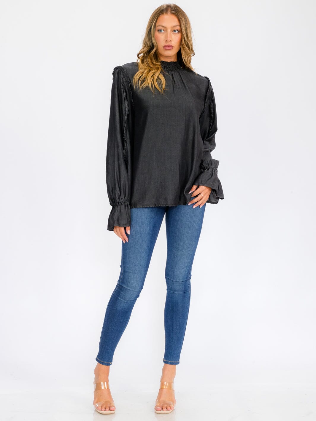 WOMEN'S LONG SLEEVE MOCK NECK CHAMBRAY BLOUSE TOP