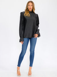 WOMEN'S LONG SLEEVE MOCK NECK CHAMBRAY BLOUSE TOP