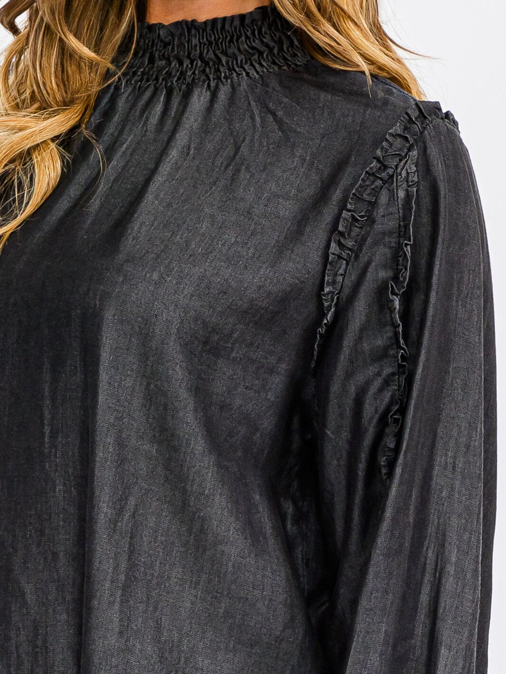 WOMEN'S LONG SLEEVE MOCK NECK CHAMBRAY BLOUSE TOP