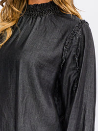 WOMEN'S LONG SLEEVE MOCK NECK CHAMBRAY BLOUSE TOP