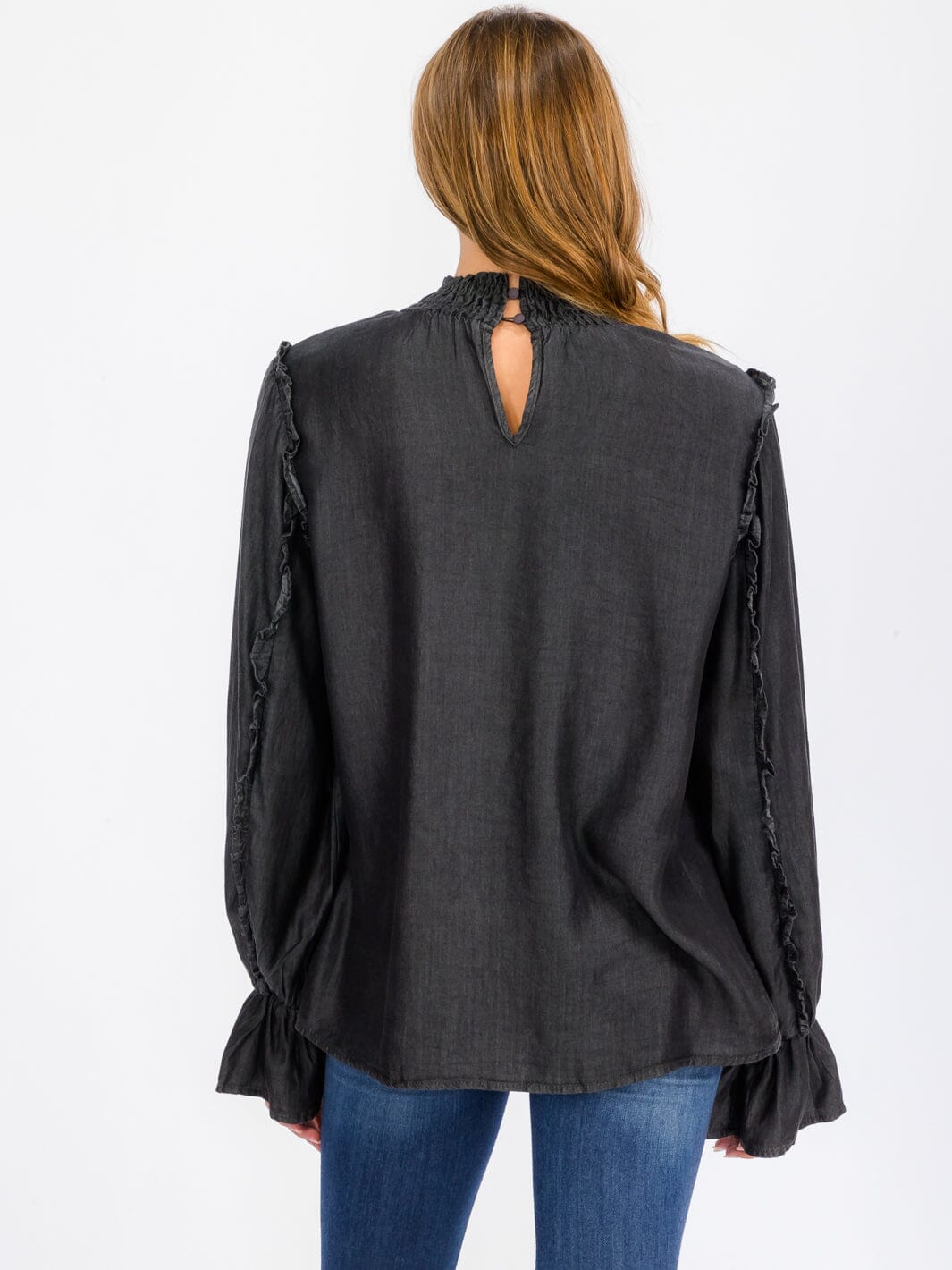 WOMEN'S LONG SLEEVE MOCK NECK CHAMBRAY BLOUSE TOP