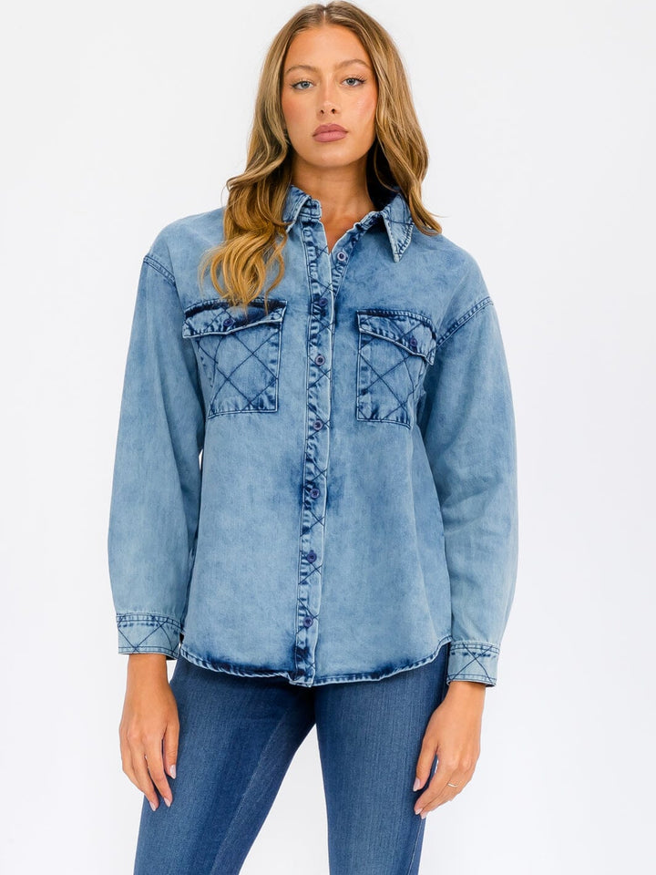 WOMEN'S LONG SLEEVE BUTTON UP DETAILED DENIM TOP