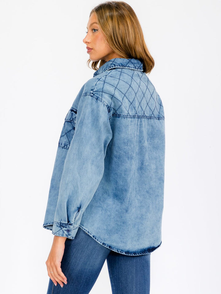 WOMEN'S LONG SLEEVE BUTTON UP DETAILED DENIM TOP