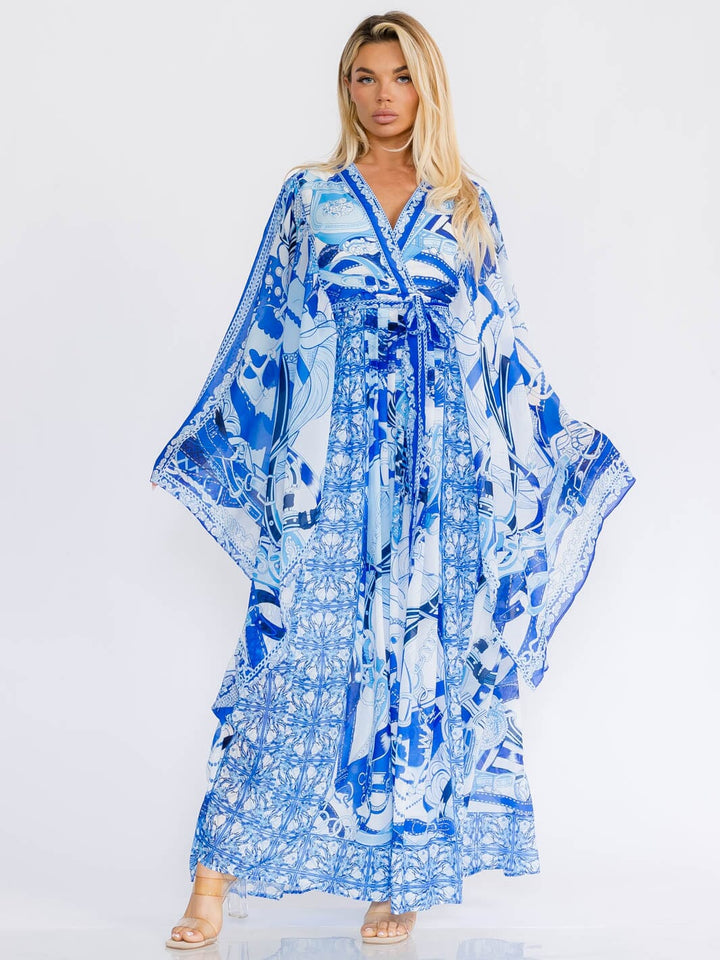 WOMEN'S LONG BELL SLEEVE SURPLICE COLORBLOCK MULTI PRINT MAXI DRESS