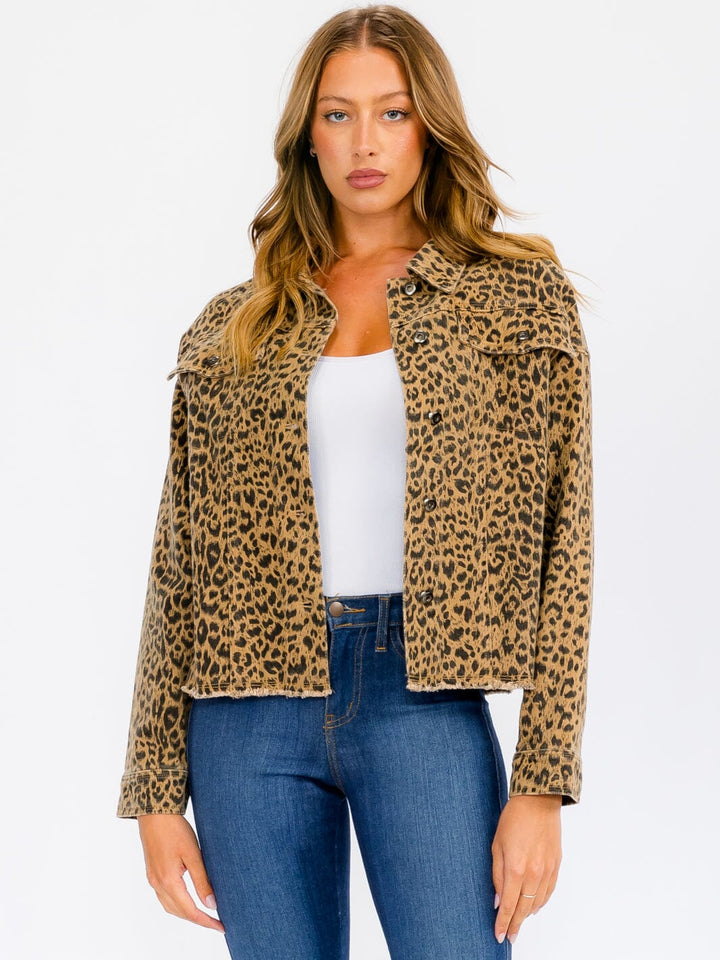 WOMEN'S LONG SLEEVE BUTTON UP POCKETS ANIMAL PRINT JACKET