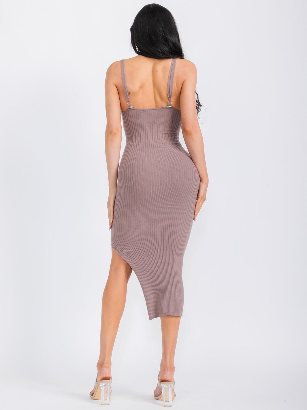 WOMEN'S SLEEVELESS V-NECK SIDE SLIT BODYCON MIDI DRESS
