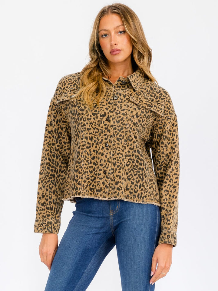 WOMEN'S LONG SLEEVE BUTTON UP POCKETS ANIMAL PRINT JACKET
