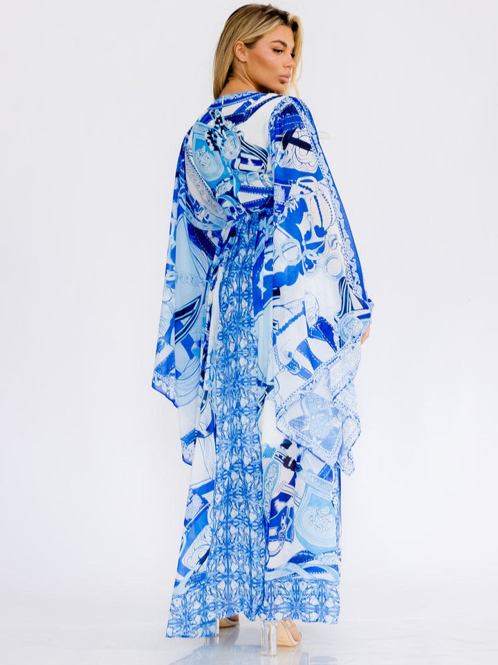 WOMEN'S LONG BELL SLEEVE SURPLICE COLORBLOCK MULTI PRINT MAXI DRESS