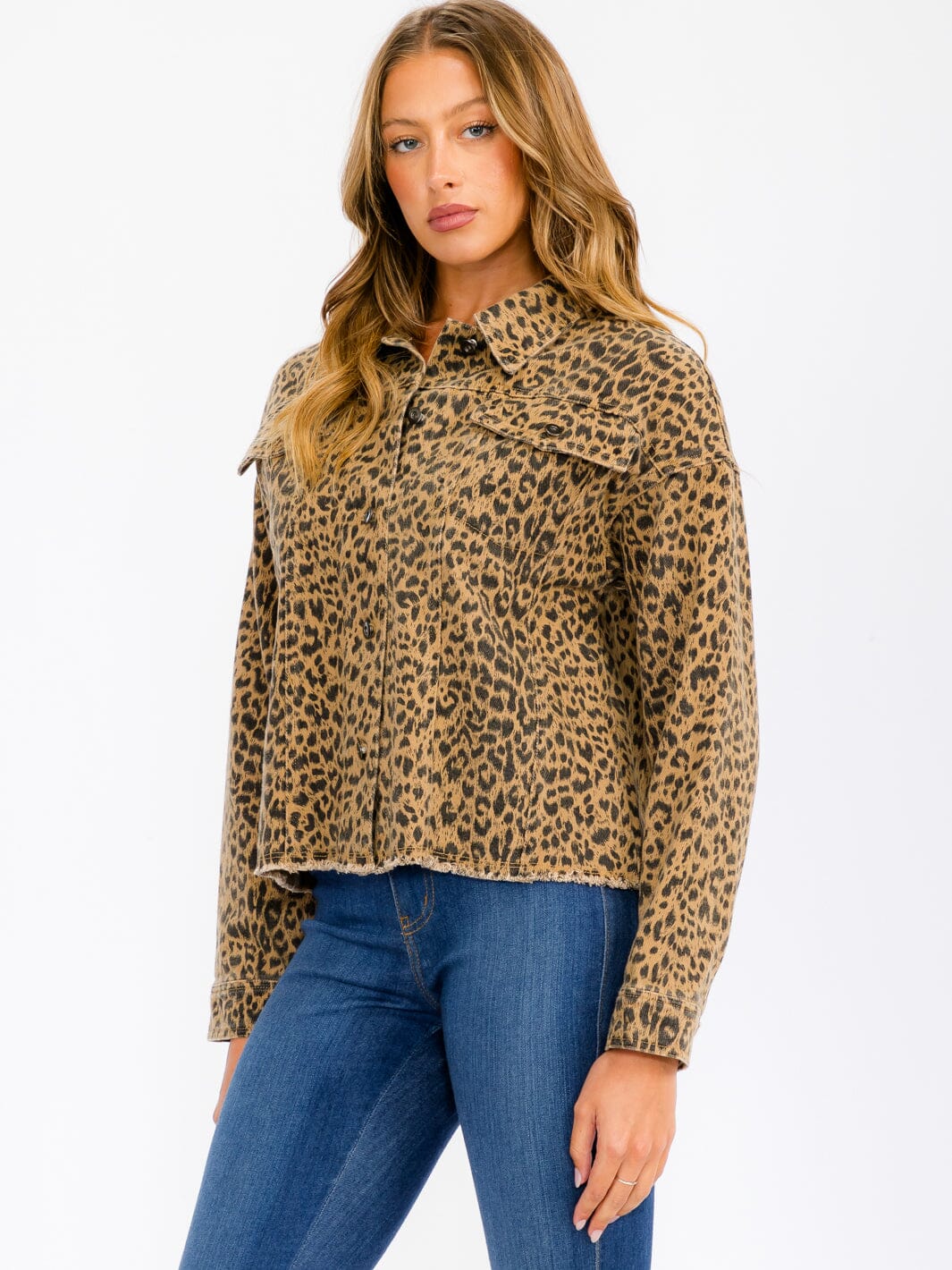 WOMEN'S LONG SLEEVE BUTTON UP POCKETS ANIMAL PRINT JACKET