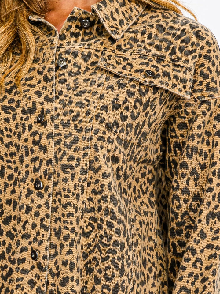 WOMEN'S LONG SLEEVE BUTTON UP POCKETS ANIMAL PRINT JACKET