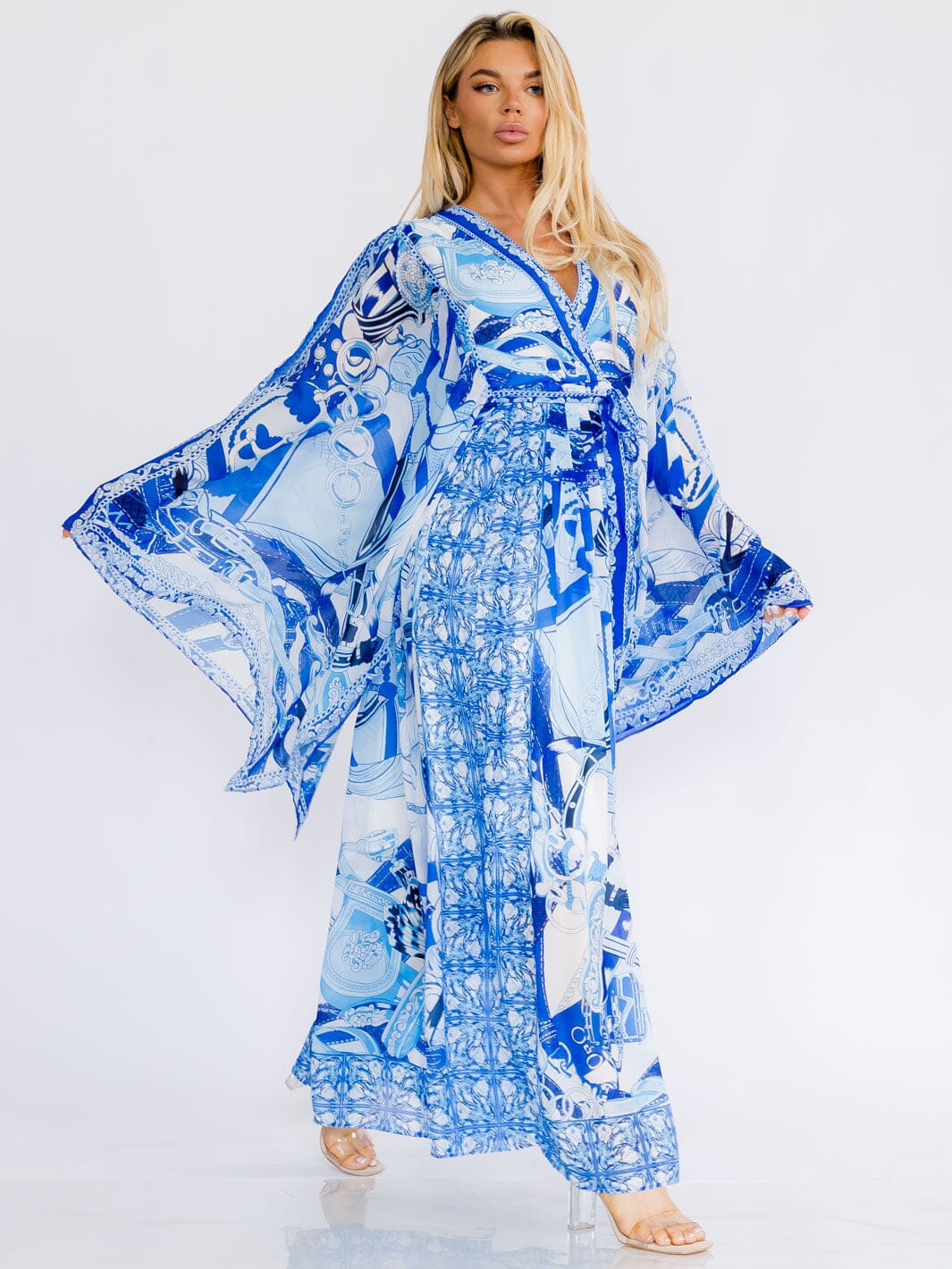 WOMEN'S LONG BELL SLEEVE SURPLICE COLORBLOCK MULTI PRINT MAXI DRESS