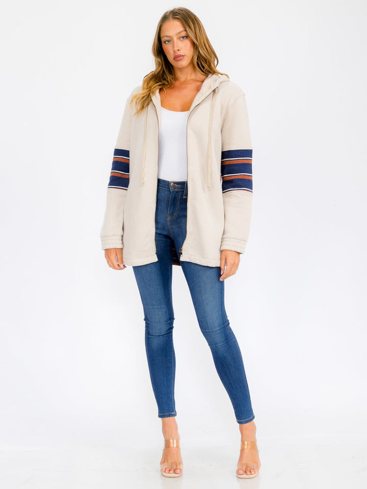 WOMEN'S LONG SLEEVE ZIP UP COLORBLOCK STRIPES SWEATER CARDIGAN