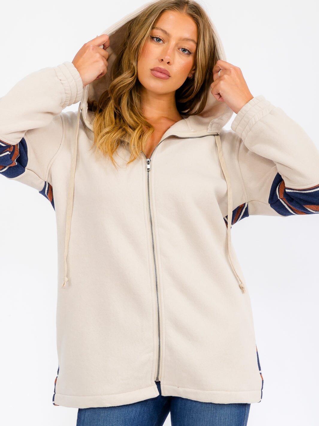 WOMEN'S LONG SLEEVE ZIP UP COLORBLOCK STRIPES SWEATER CARDIGAN