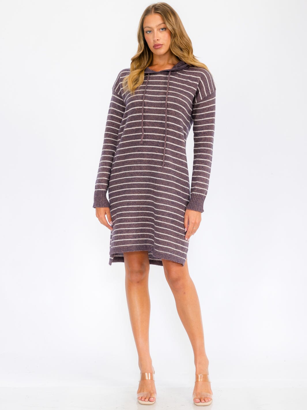 WOMEN'S LONG SLEEVE HOODIE STRIPES SWEATER MIDI DRESS