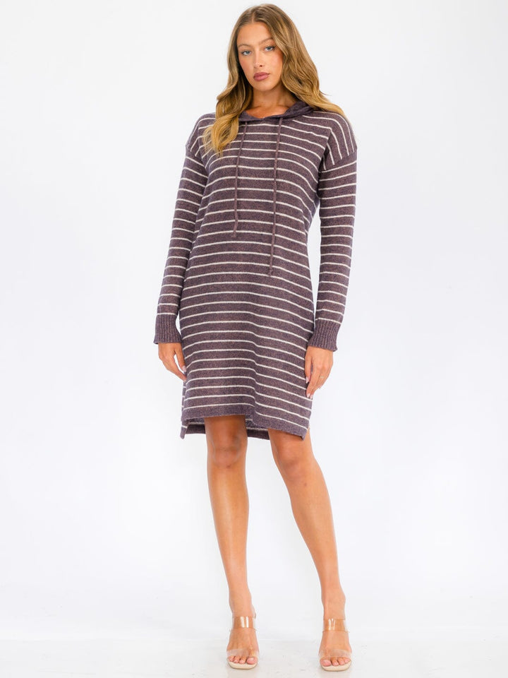 WOMEN'S LONG SLEEVE HOODIE STRIPES SWEATER MIDI DRESS