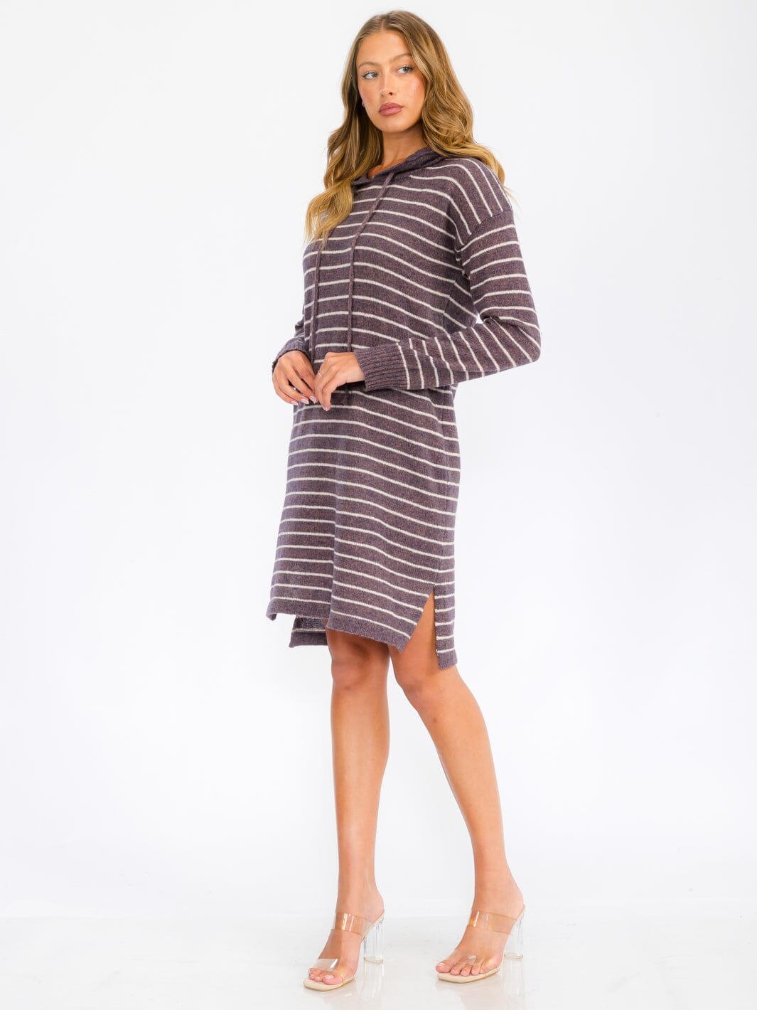 WOMEN'S LONG SLEEVE HOODIE STRIPES SWEATER MIDI DRESS