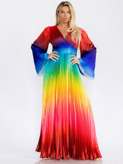WOMEN'S LONG BELL SLEEVE V-NECK COLORBLOCK PLEATED MAXI DRESS