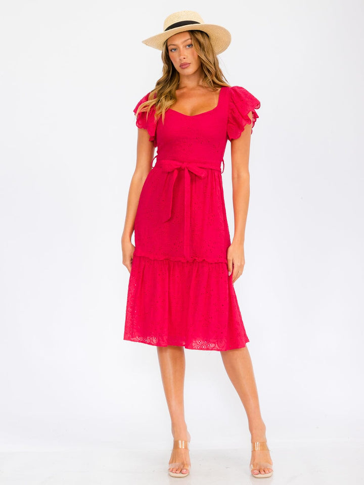 WOMEN'S SHORT RUFFLE SLEEVE SELF TIE EYELET DETAILED MIDI DRESS