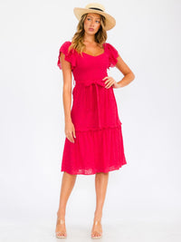 WOMEN'S SHORT RUFFLE SLEEVE SELF TIE EYELET DETAILED MIDI DRESS