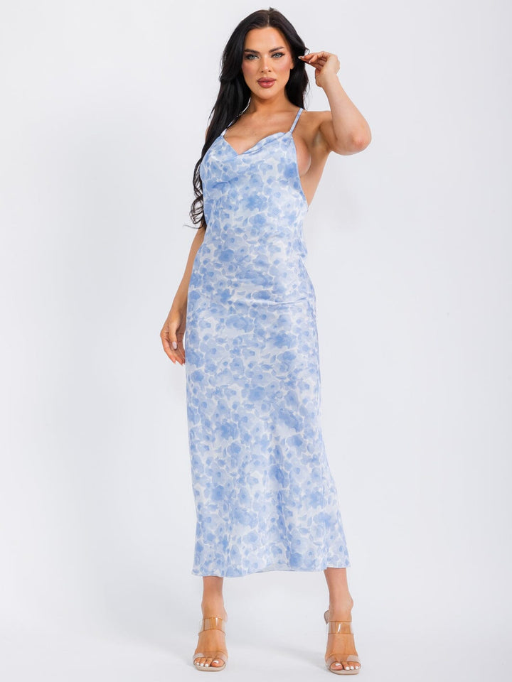 WOMEN'S SLEEVELESS OPEN BACK SATIN TYE DYE MAXI DRESS