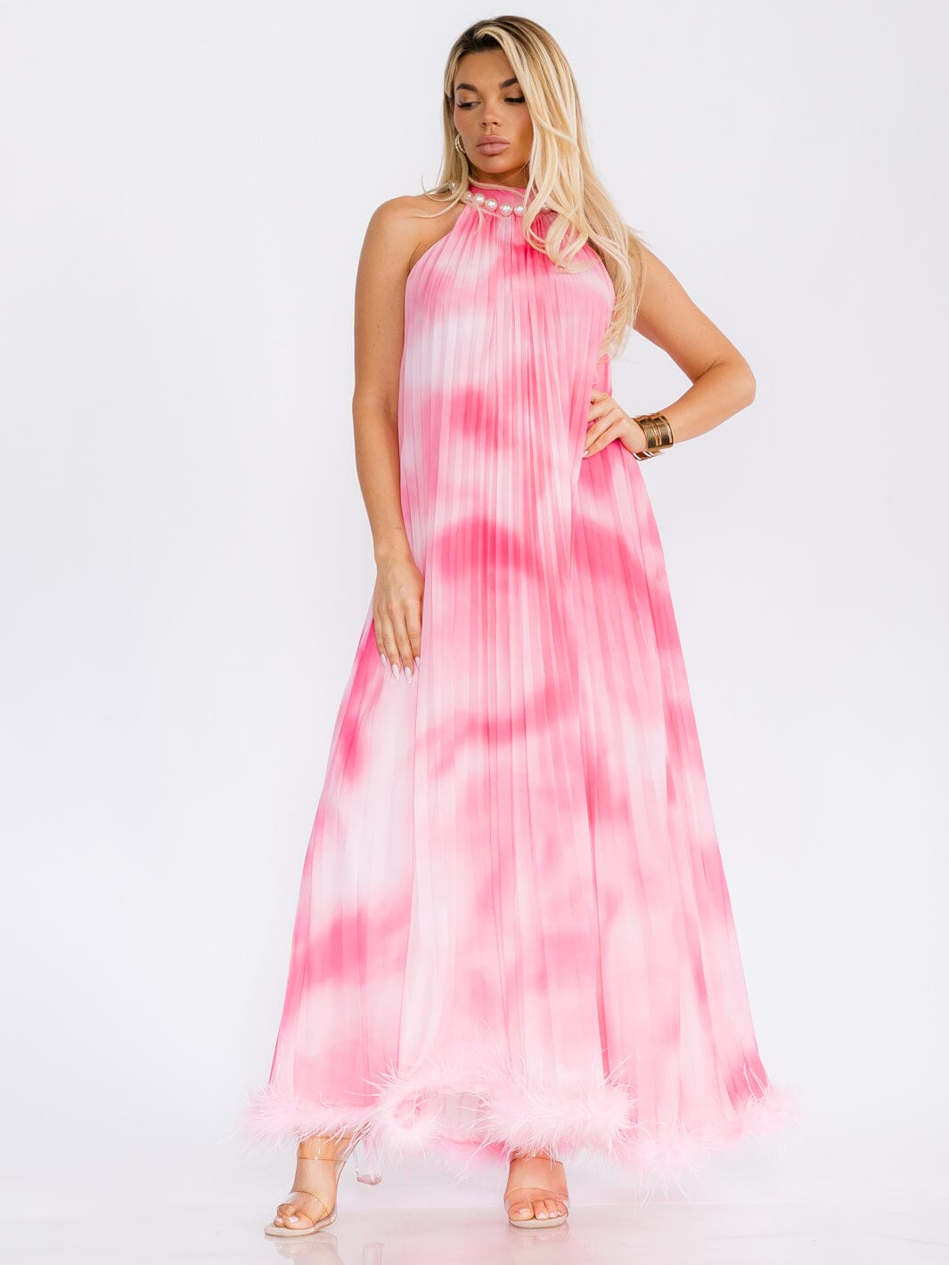 WOMEN'S SLEEVELESS PEARL HALTER NECK TIE DYE MAXI DRESS