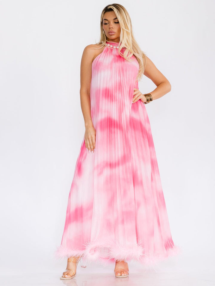 WOMEN'S SLEEVELESS PEARL HALTER NECK TIE DYE MAXI DRESS