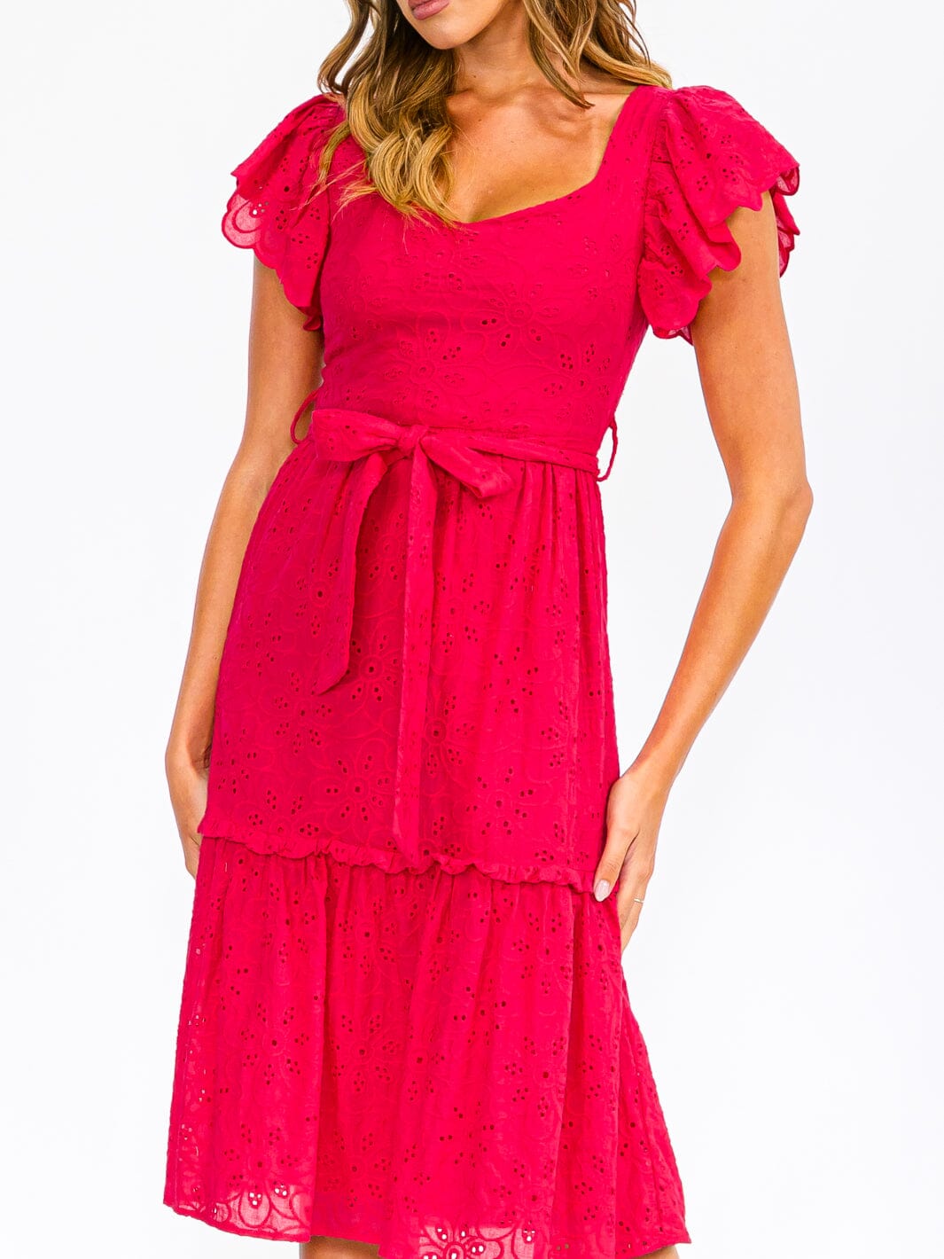 WOMEN'S SHORT RUFFLE SLEEVE SELF TIE EYELET DETAILED MIDI DRESS