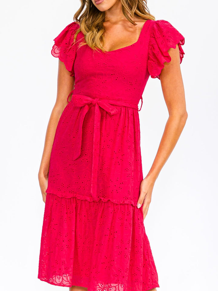 WOMEN'S SHORT RUFFLE SLEEVE SELF TIE EYELET DETAILED MIDI DRESS