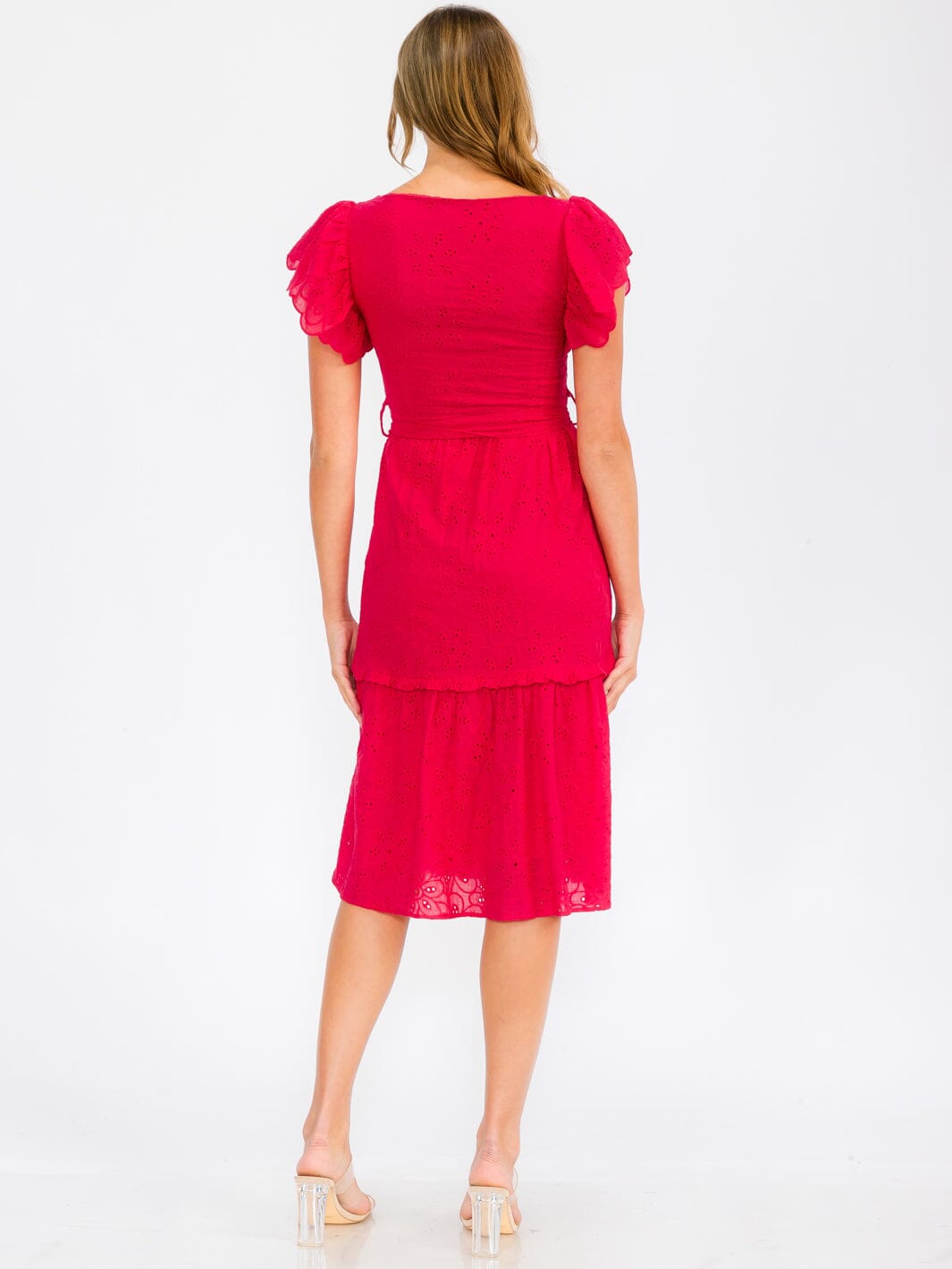 WOMEN'S SHORT RUFFLE SLEEVE SELF TIE EYELET DETAILED MIDI DRESS