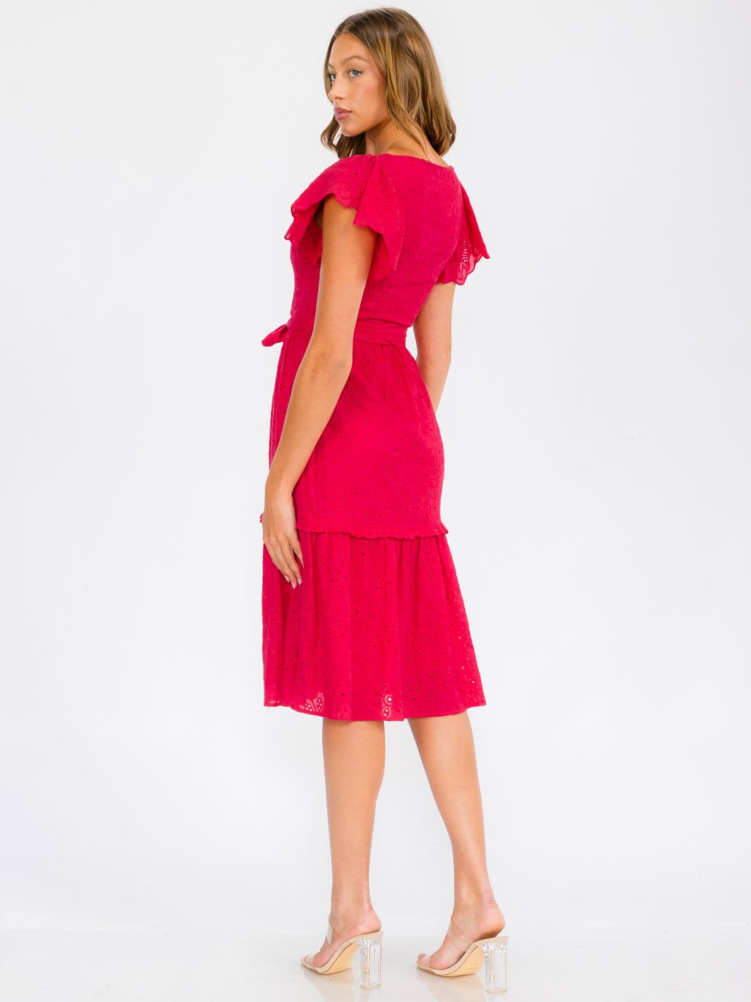 WOMEN'S SHORT RUFFLE SLEEVE SELF TIE EYELET DETAILED MIDI DRESS